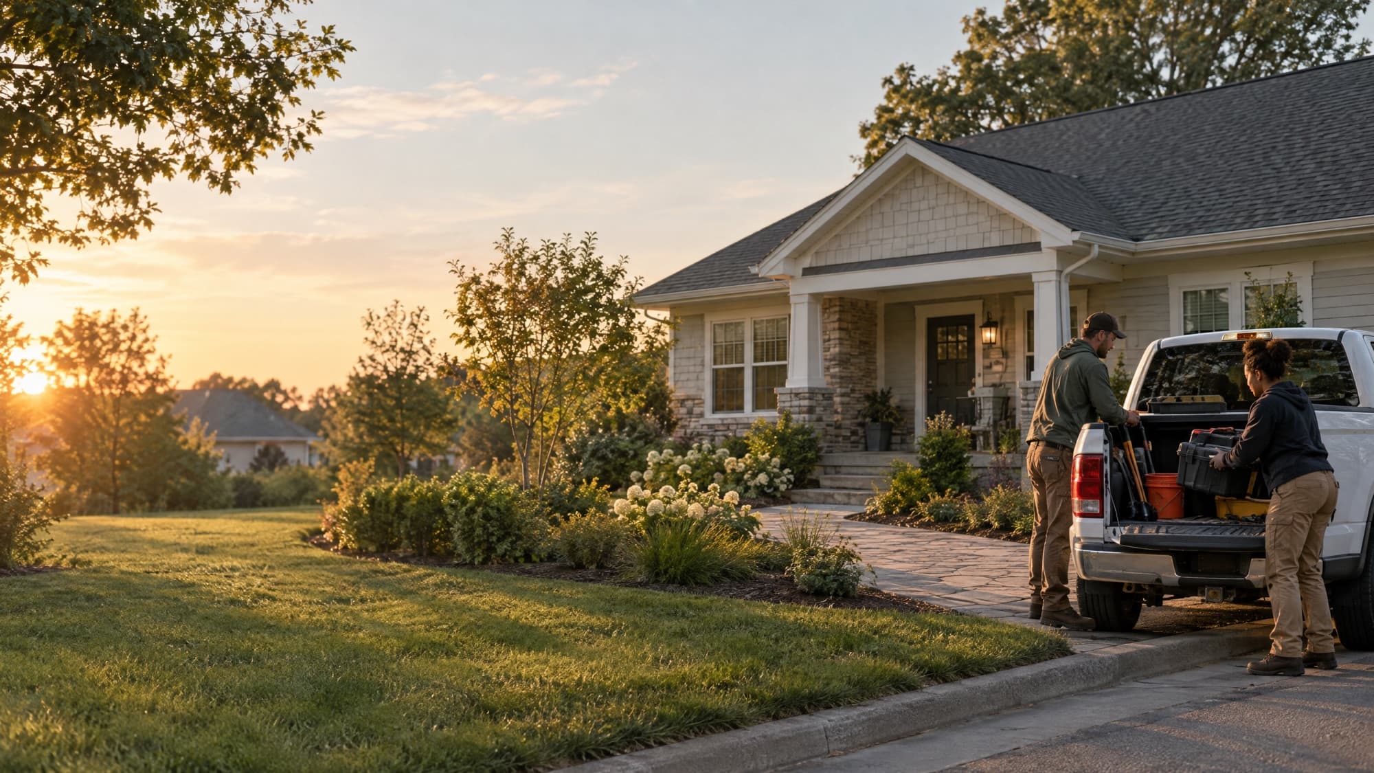 A crew unloading a truck in front of a home at golden hour