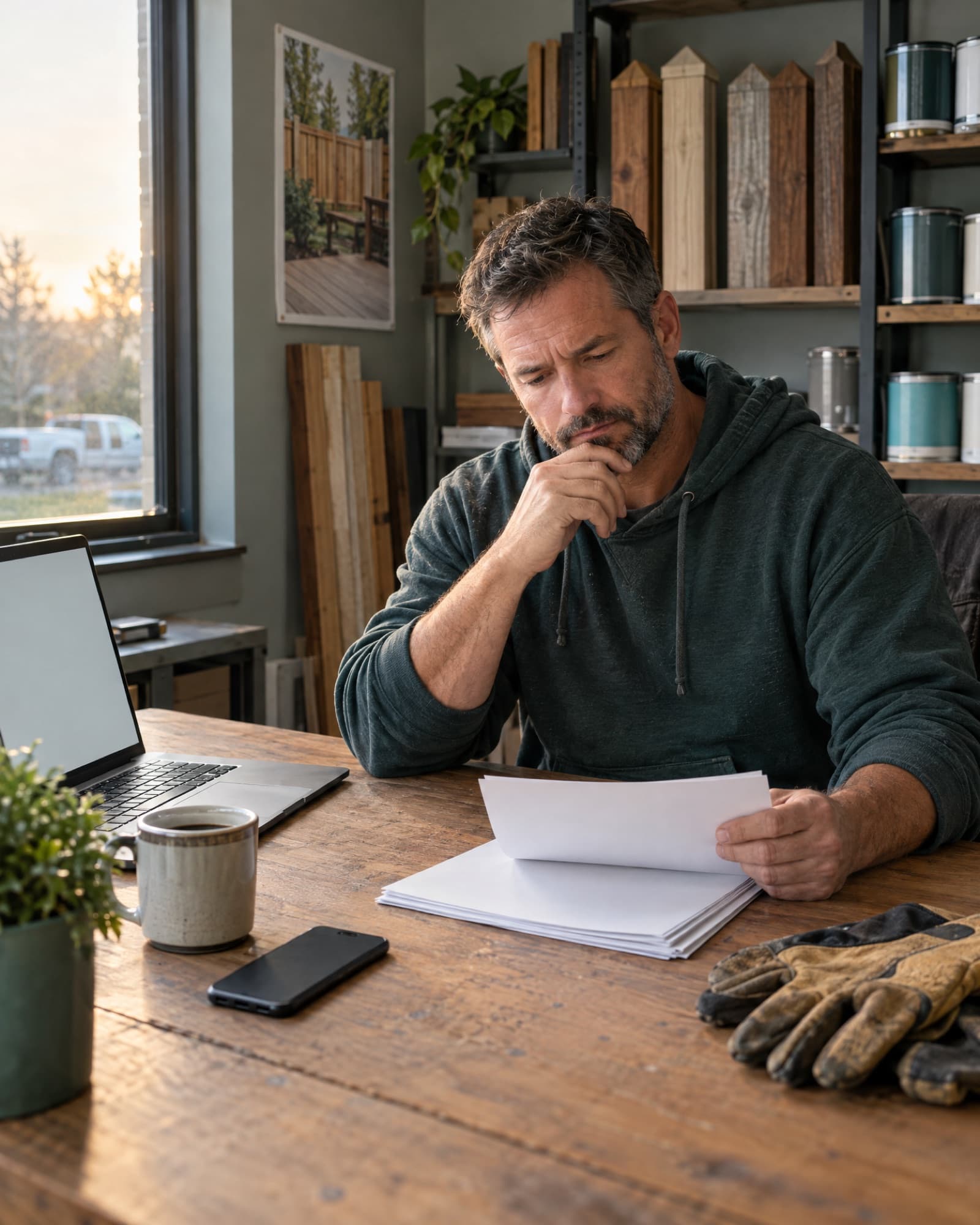 A business owner reviewing paperwork at a workshop desk in the morning