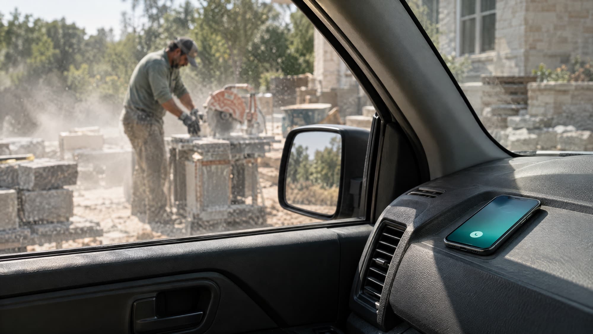 A phone ringing on a truck dashboard while the crew works outside
