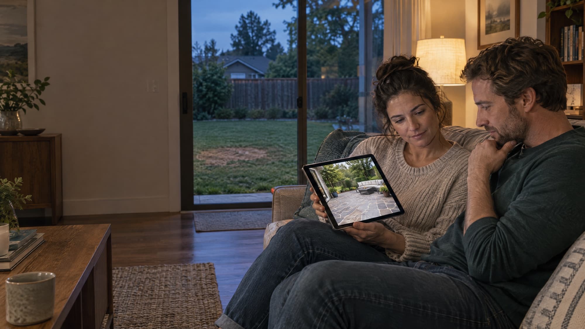 A couple on a sofa in the evening looking at patio ideas on a tablet