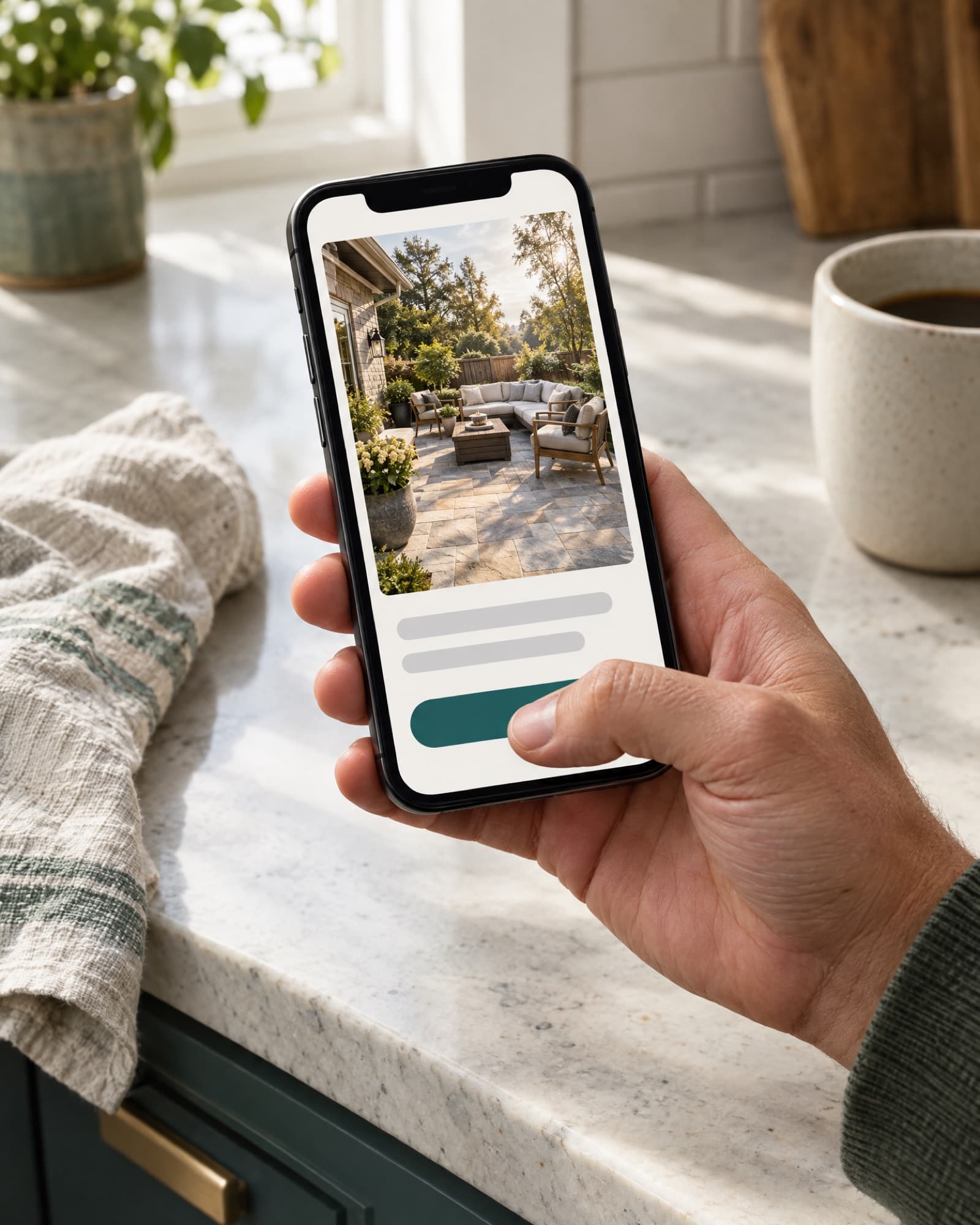 A hand holding a phone showing a patio project ad