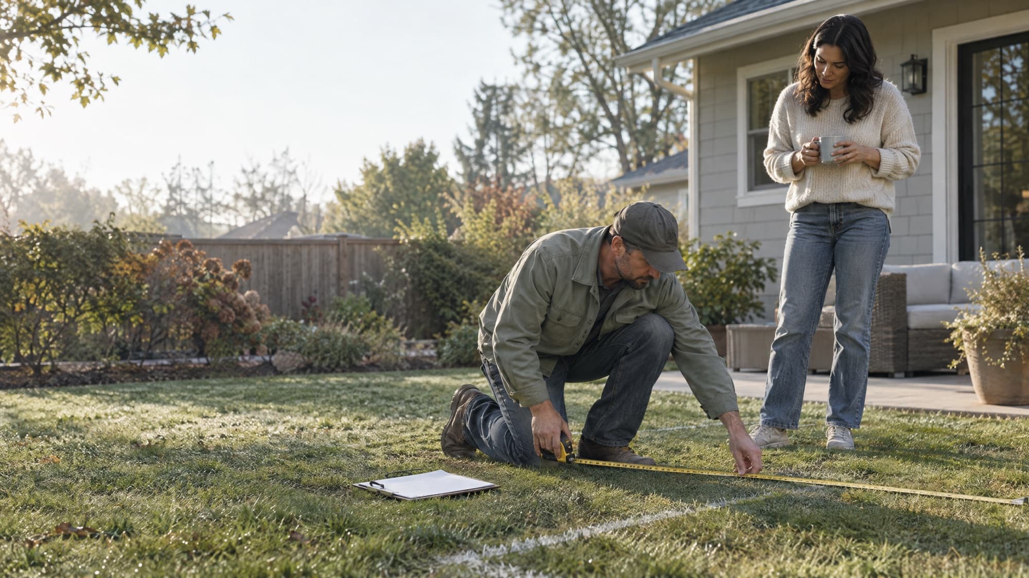 A contractor measuring a back yard while a homeowner looks on