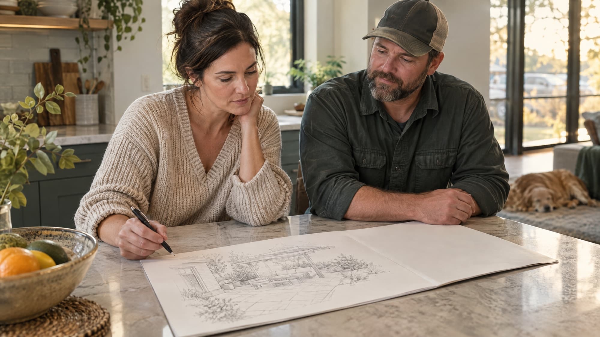 A homeowner and a contractor at a kitchen island reviewing a patio sketch