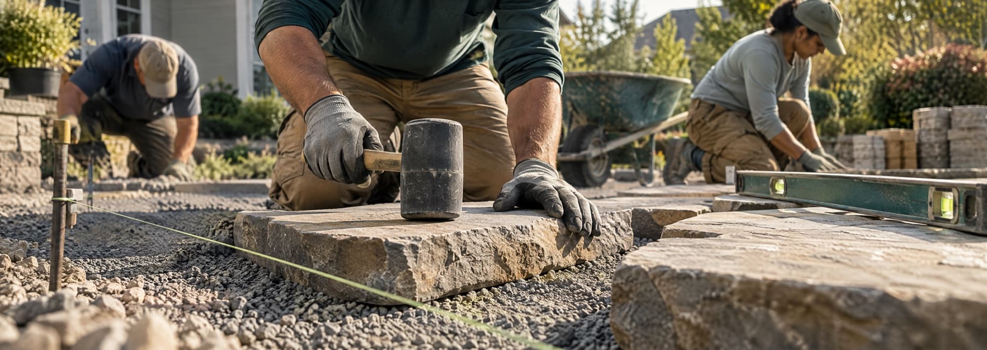 A crew setting natural stone pavers on a gravel base