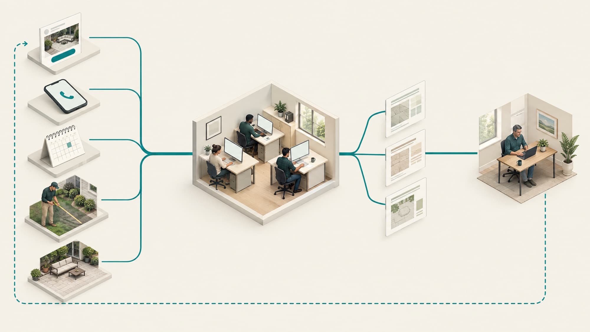 An illustration of an ad leading to a call, a calendar booking, an estimate and a finished patio, all connected to the owner's view