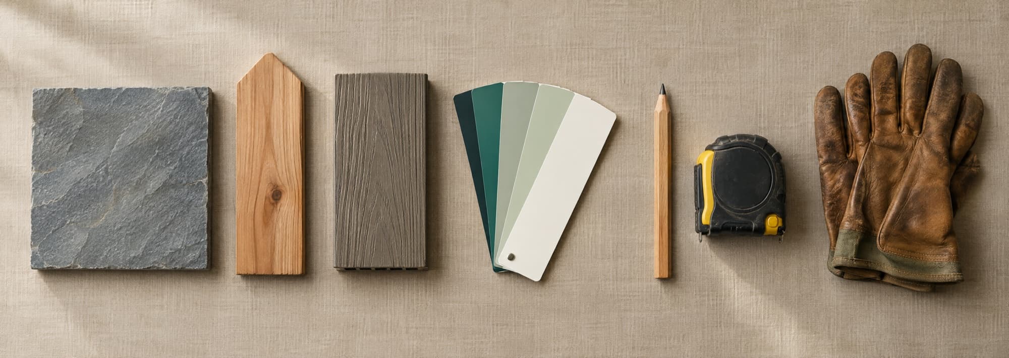 Stone, cedar, composite decking, paint swatches and work gloves laid out on linen
