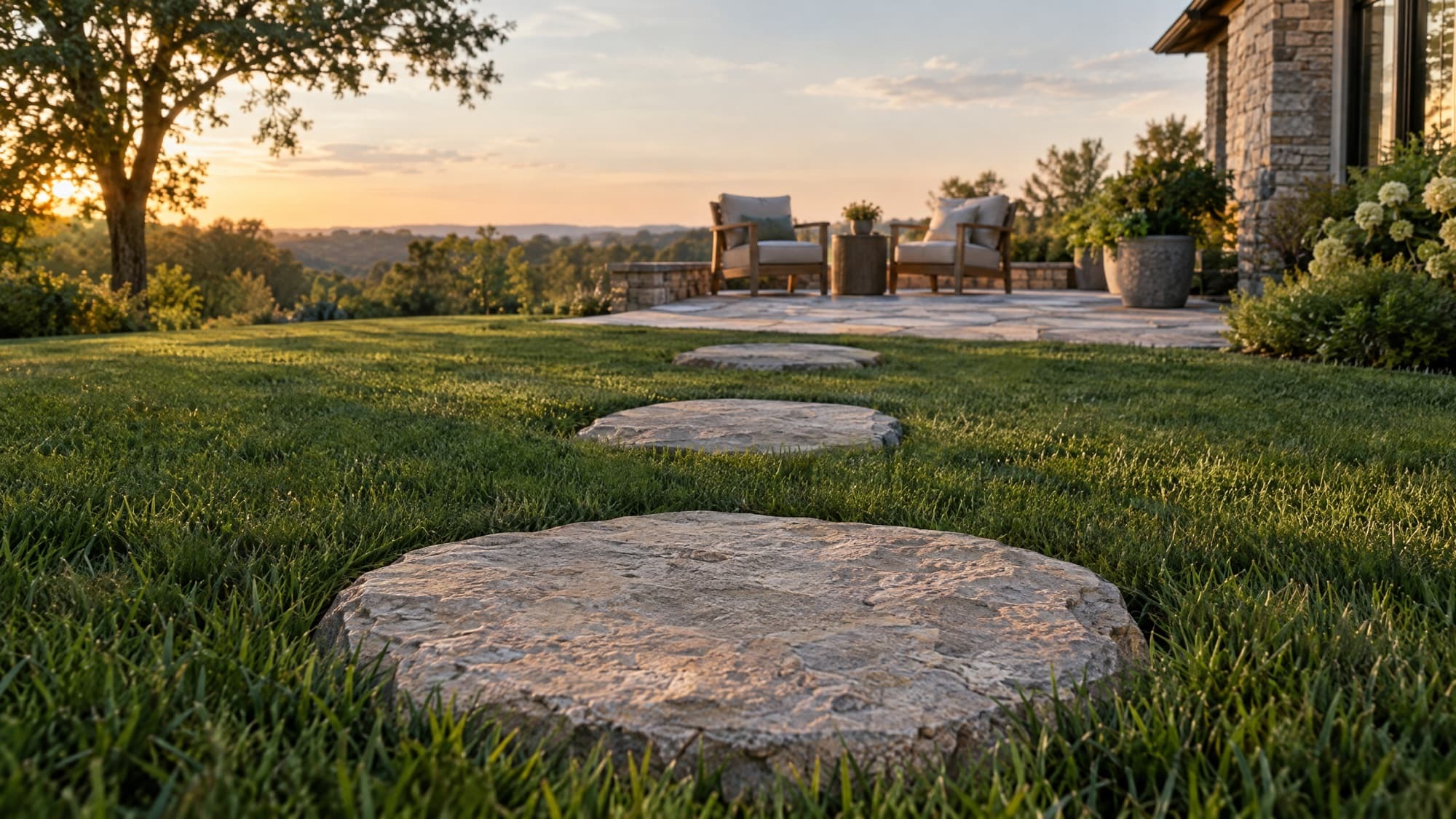 Stepping stones crossing a lawn toward a finished patio at sunset