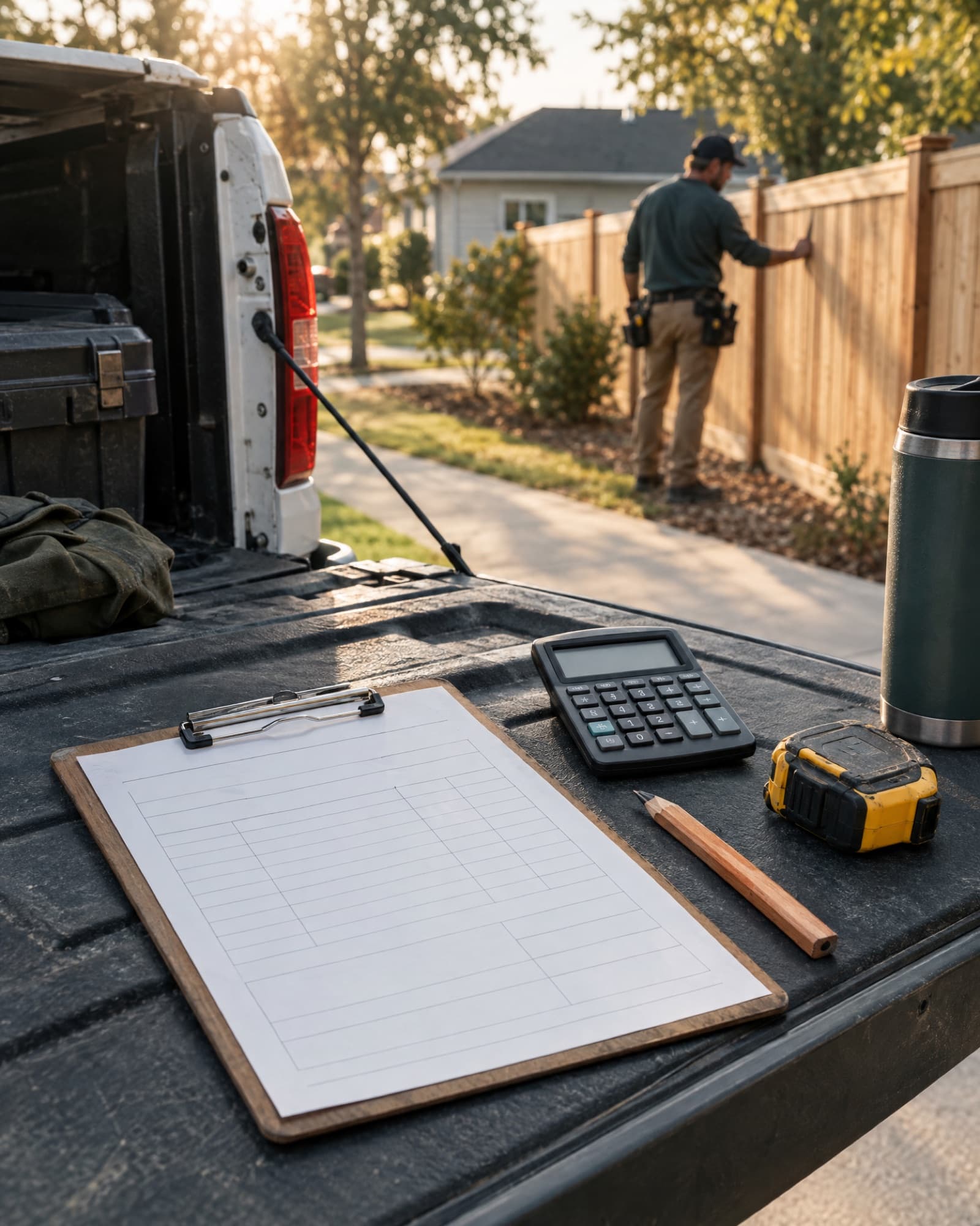 A clipboard, calculator and tape measure on a truck tailgate while a crew member checks a new fence