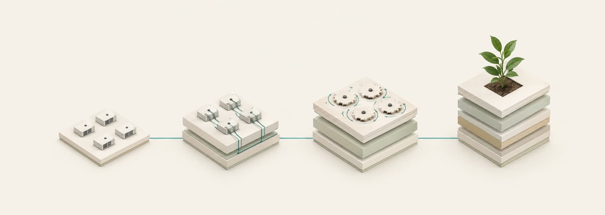 An illustration of stacked layers growing from a single tile into a planted block